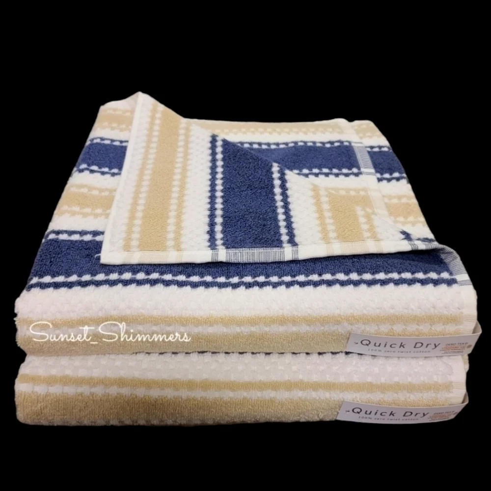10pc Quick Dry Tan Navy 100% Zero Twist Cotton Bath Hand Washcloth Towel Set